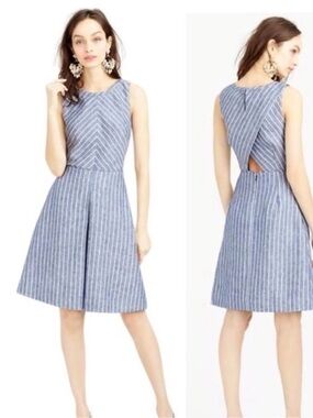J Crew  100% Linen Chambray Chevron Pleated Dress A Line Fit And Flare SZ 4